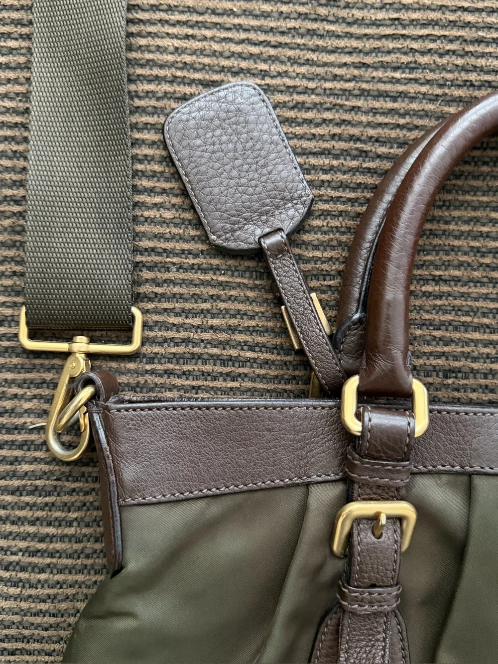 Vintage Dark Olive-Brown Prada Cervo-Trimmed Tessuto Handle Bag